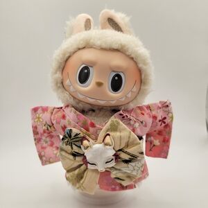 Pink Floral Kimono For 17cm Dolls. With Fox Mask Velcro Belt. No Doll Included.